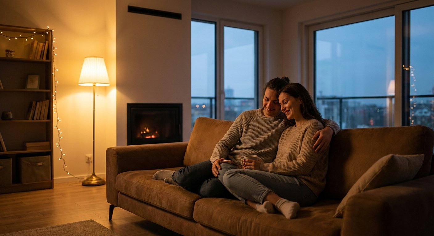 Couple rassuré chez eux après l'installation de leur alarme Ajax