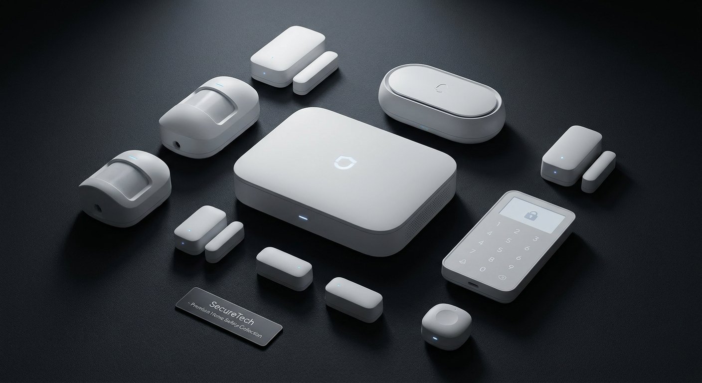 Gamme de composants Ajax alignés : Hub, détecteurs MotionProtect et DoorProtect, sirène et clavier KeyPad