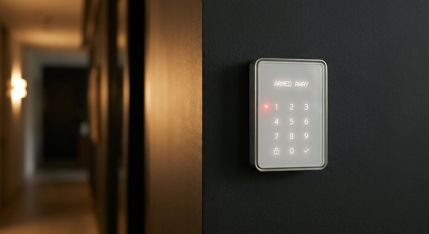 Clavier d'alarme sans fil armé dans un appartement à Villeurbanne