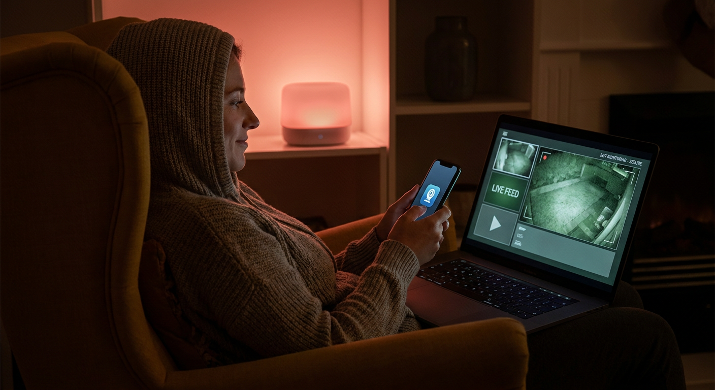 Opérateur d'un centre de télésurveillance agréé devant ses écrans, la nuit