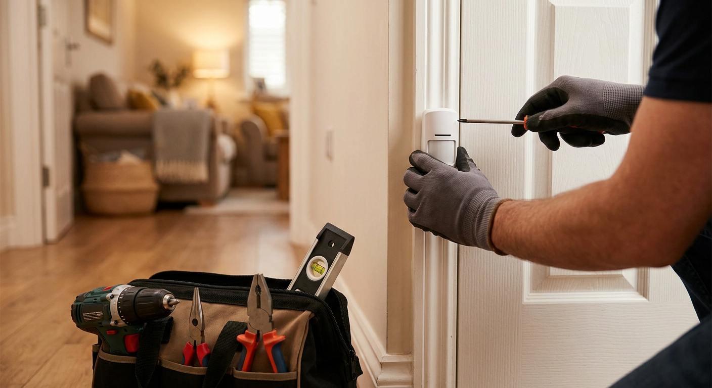 Technicien installant un détecteur d'alarme sur une porte