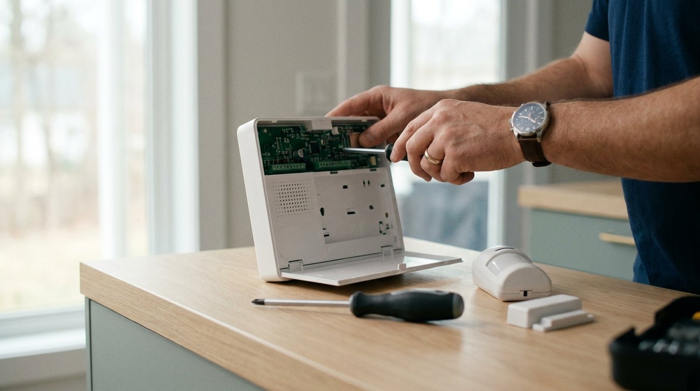 Installateur posant une centrale d'alarme sans fil chez un particulier
