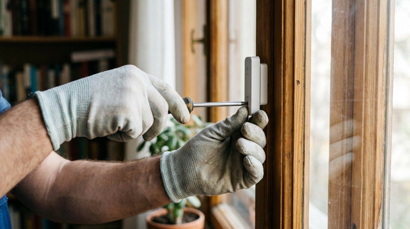 Installateur posant un détecteur d'ouverture sans fil sur une fenêtre