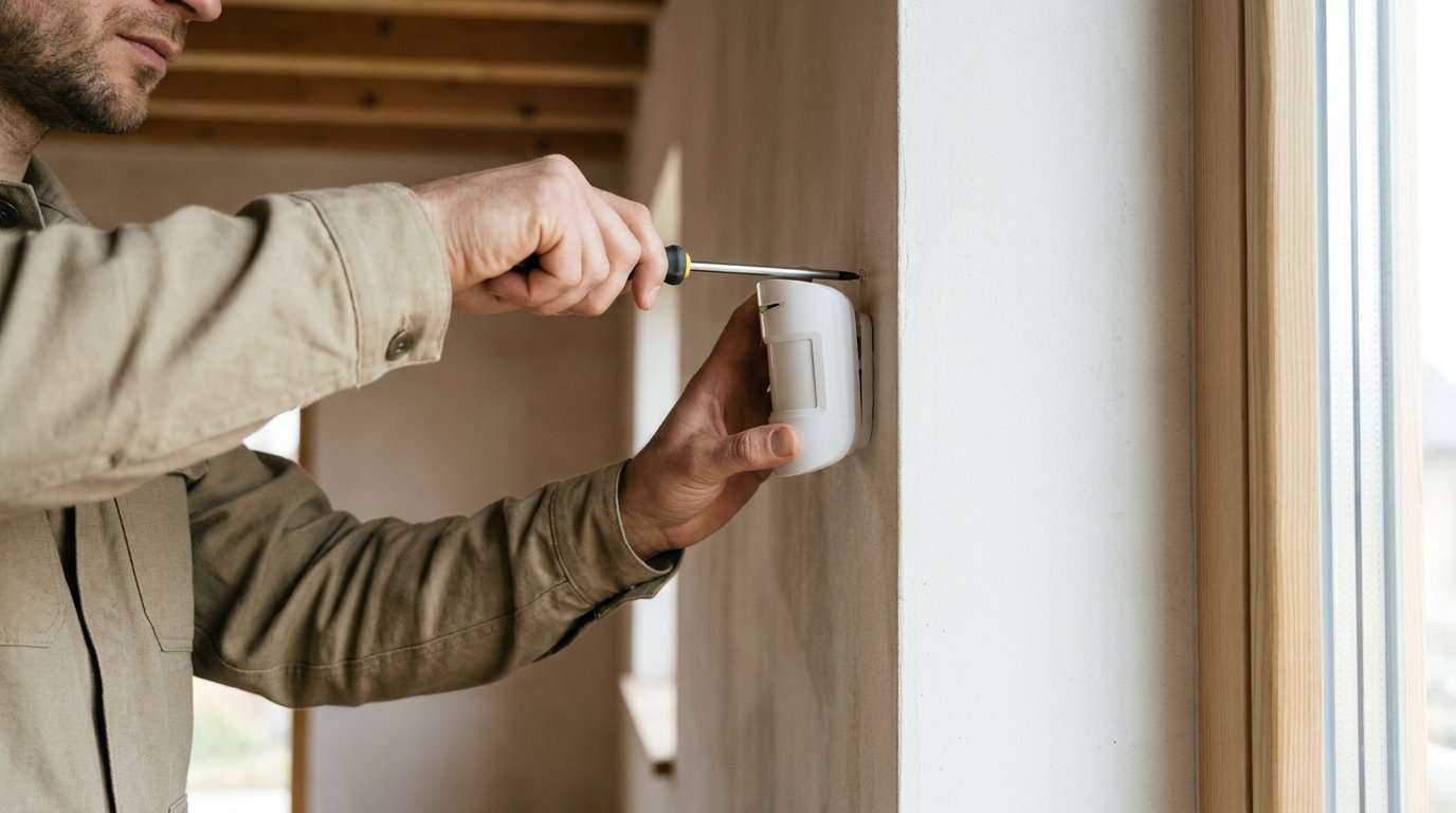 Installateur posant et réglant un détecteur d'alarme Ajax dans un logement