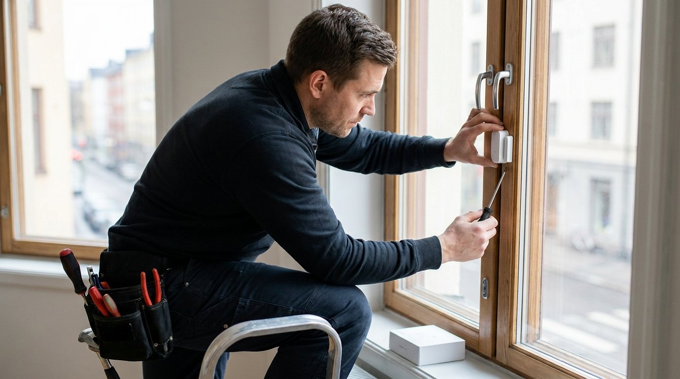 Technicien posant un détecteur d'alarme sans fil sur une fenêtre d'appartement