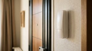 Détecteur d'alarme sans fil installé sur le mur d'une maison, certification NF-A2P